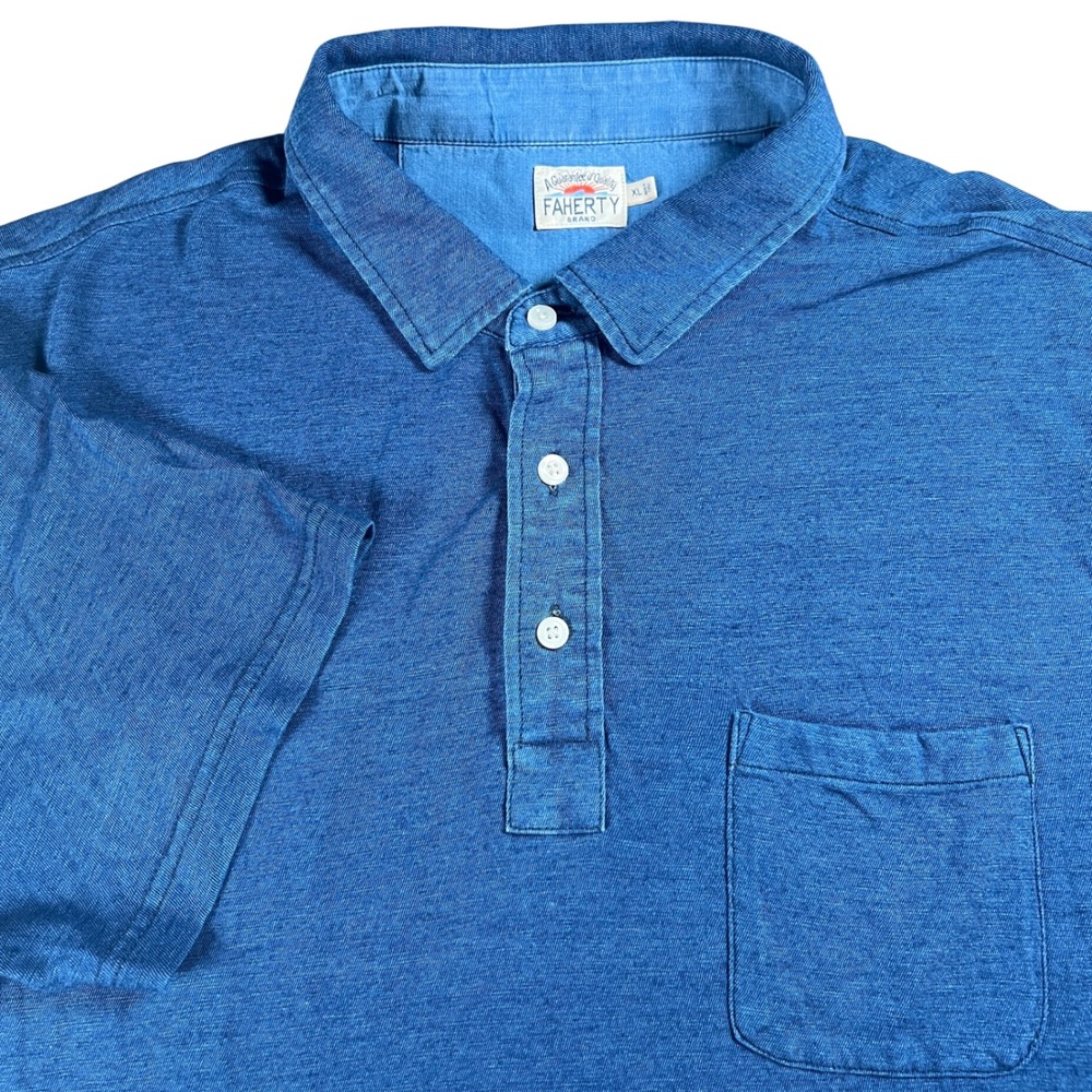 Faherty Polo Shirt Mens XL Blue Indigo Dyed Short Sleeve Cotton Chest Pocket